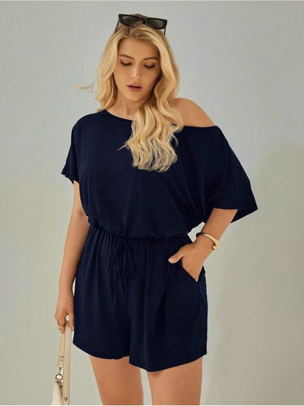 One-Shoulder Drawstring Romper in Navy - Picture 2 of 4